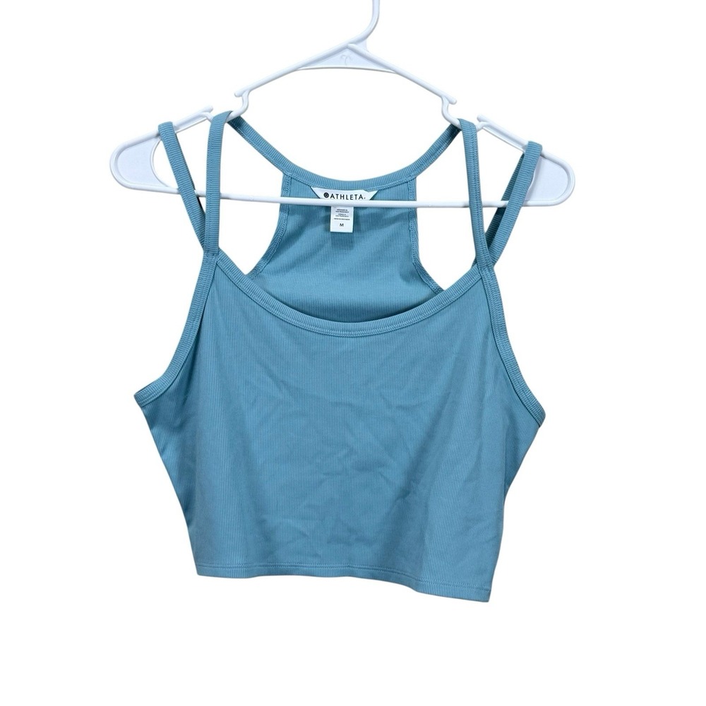 Athleta Signature Rib Wide‎ Binding Tank Light Blue/Green Crop Top Medium NWT
